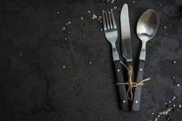 cutlery rustic, used for eating or serving (fork, knife, spoon - set). food background. copy space
