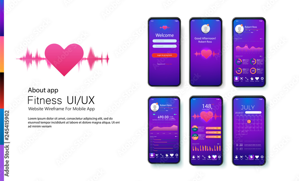 Aufkleber fitness, training and workout app. different ui, ux, gui screens fitness app and flat web icons for 