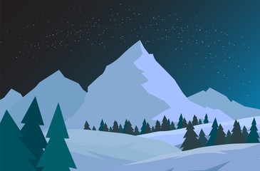 Night Christmas forest with mountains. New year card. Starry sky