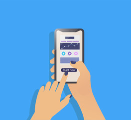 Vector illustration in line flat style and blue color background, with button 