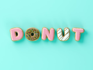Fototapeta premium Delicious donuts with shape of letters glaze on yellow background 3D illustration