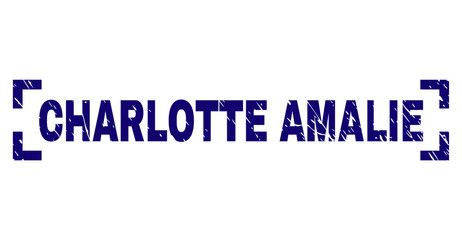 CHARLOTTE AMALIE text seal print with grunge style. Text title is placed inside corners. Blue vector rubber print of CHARLOTTE AMALIE with unclean texture.