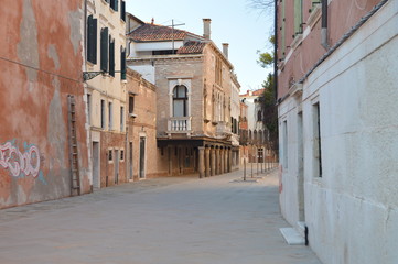 Lovely Venetian Style Balcony On Terra Saloni Street In Venice. Travel, holidays, architecture. March 28, 2015. Venice, Veneto region, Italy.