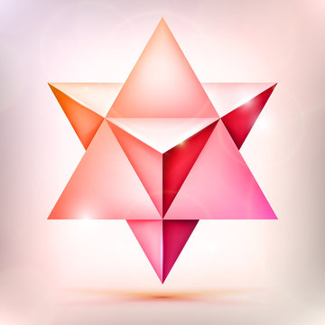 3d Merkaba, esoteric crystal, sacral geometry shape, volume pink and orange star with light effect, unreal form, abstract vector object