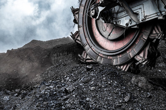Giant bucket wheel excavator in coal mine