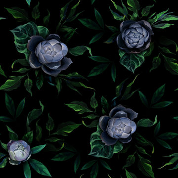 Seamless pattern of different white and blue peony flowers and leaves on dark black background.