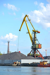 KALININGRAD, RUSSIA. The port crane works at coal loading. Trade seaport