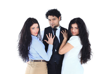 stylish man and two young women.isolated on white