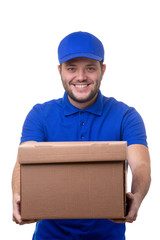Image of happy man in blue t-shirt and baseball cap with cardboard box