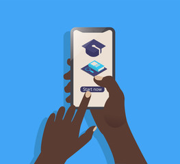 Vector illustration in line flat style and blue color background, with button 