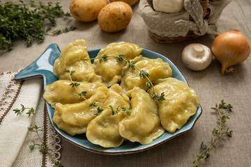 Dumplings with potatoes and mushrooms. This is a very popular food in Eastern European countries