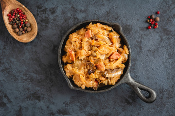 Bigos-traditional Polish dish of finely chopped sauerkraut and fresh cabbage with meat, mushrooms, and sausage. The dish is also traditional for Belarusian, Ukrainian and Lithuanian cuisine.