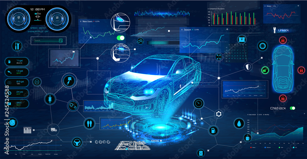 Poster Car service in the style of HUD. Virtual graphical interface Ui HUD Autoscanning, analysis and diagnostics, Abstract vector science. Car auto service infographics. repair Futuristic user interface