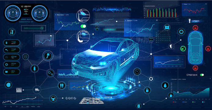 Car service in the style of HUD. Virtual graphical interface Ui HUD Autoscanning, analysis and diagnostics, Abstract vector science. Car auto service infographics. repair Futuristic user interface
