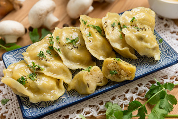 Dumplings with potatoes and mushrooms. This is a very popular food in Eastern European countries