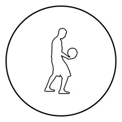 Basketball player holding ball Man holding basketball silhouette icon black color illustration in circle round