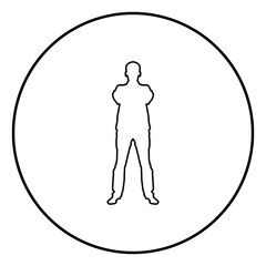 Confident man crossed his arms Business man silhouette concept front view icon black color illustration in circle round