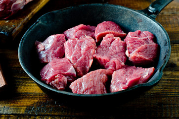 Raw beef in a pan