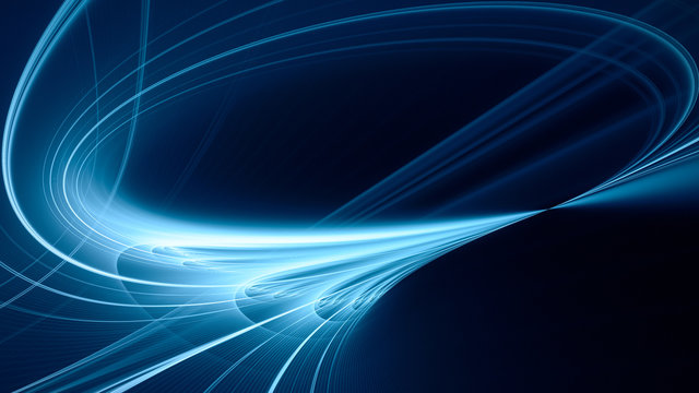 Abstract blue background element on black. Fractal graphics. Three-dimensional composition of glowing lines and mption blur traces. Movement and innovation concept.
