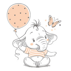 Fototapeta premium Ręcznie rysowane ilustracji wektorowych cute słoniątka z balonem.