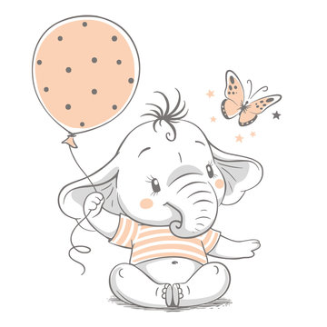 Hand drawn vector illustration of a cute baby elephant with balloon.