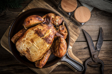 Roasted chicken on plate.