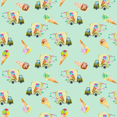 Watercolor ice cream truck and ice cream cones seamless pattern