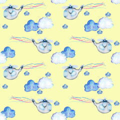 Watercolor festive helicopters seamless pattern