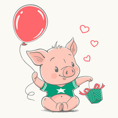 Vector illustration of a cute cartoon piglet, holding a red balloon, and a present in his hands.