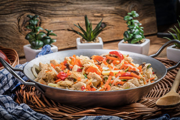 Fried chicken pieces with vegetables.