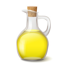 Realistic glass bottle with bright yellow vegetable oil and wooden bung, vector illustration isolated on white background