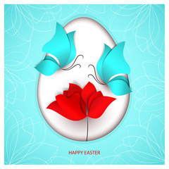 Easter paper cut style egg on blue color background with butterflies, bright red flower tulip. 3d card