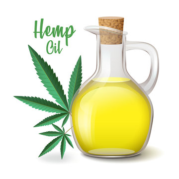 glass jug with hemp oil closed wooden stopper and green hemp leaves hemp, cannabis leaf, yellow essence hemp oil, vector illustration isolated on white background
