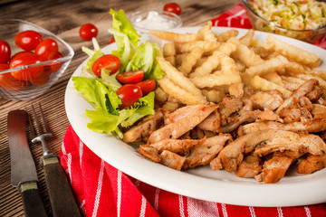 Greek gyros dis with fries and salad