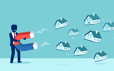 Vector of a businessman with magnet attracting houses