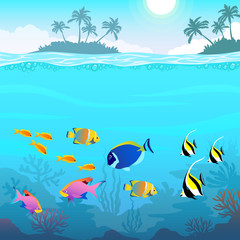 Naklejka na ściany i meble Beautiful underwater world, seascape, fish and sea bottom, seaweed, plants, islands with palm trees, vector illustration