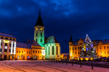 Fototapeta na wymiar Center of Vodnany with christmas tree, Czech republic.