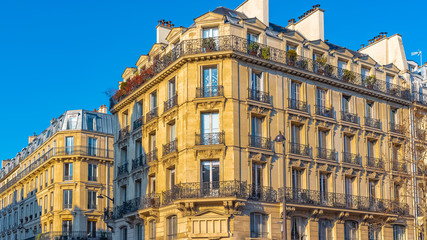 Fototapeta premium Paris, beautiful building, typical parisian facade in the Marais, boulevard de Sebastopol