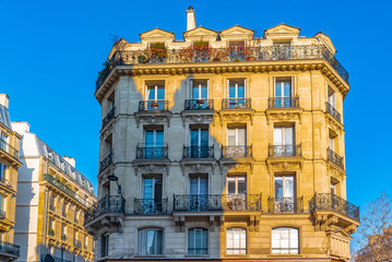 Paris, beautiful building, typical parisian facade in the Marais, boulevard de Sebastopol