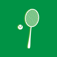 Tennis racquet with ball sign. Vector. White flat icon with yellow striped shadow at green background. Illustration.
