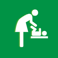 Women and baby symbol, baby changing. Vector. White flat icon with yellow striped shadow at green background. Illustration.