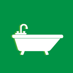 Bathtub sign illustration. Vector. White flat icon with yellow striped shadow at green background. Illustration.