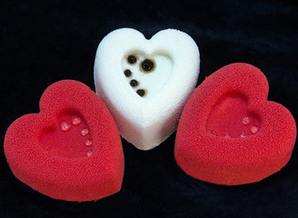 velvet mousse cake in the shape of valentine hearts