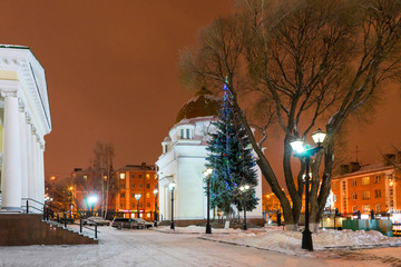 The courtyard of the Alexander Nevsky Cathedral in Izhevsk and the Christmas tree. Russia