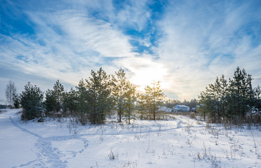 Beautiful winter panorama at sunset