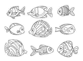 Cartoon sea fishes set outlined for coloring page on a white background