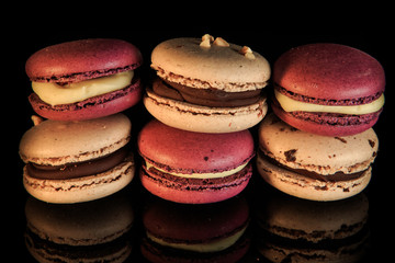 closeup group of colorful macaroons with sweet filling