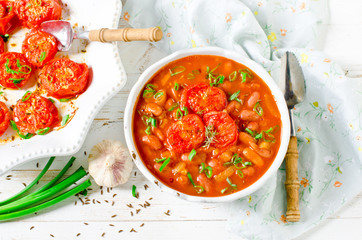 Tomato Vegetarian Soup with Beans and Baked Tomatoes