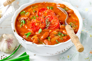 Tomato Vegetarian Soup with Beans and Baked Tomatoes
