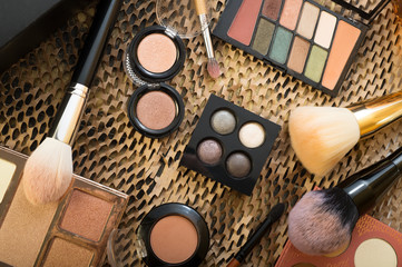 fashion set of new cosmetics palettes with  brushes. close up